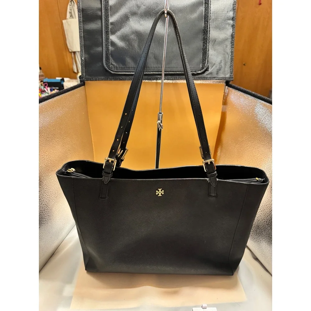 Tory Burch Emerson Small Buckle Tote Black Saffiano Leather Shoulder Bag Handbag